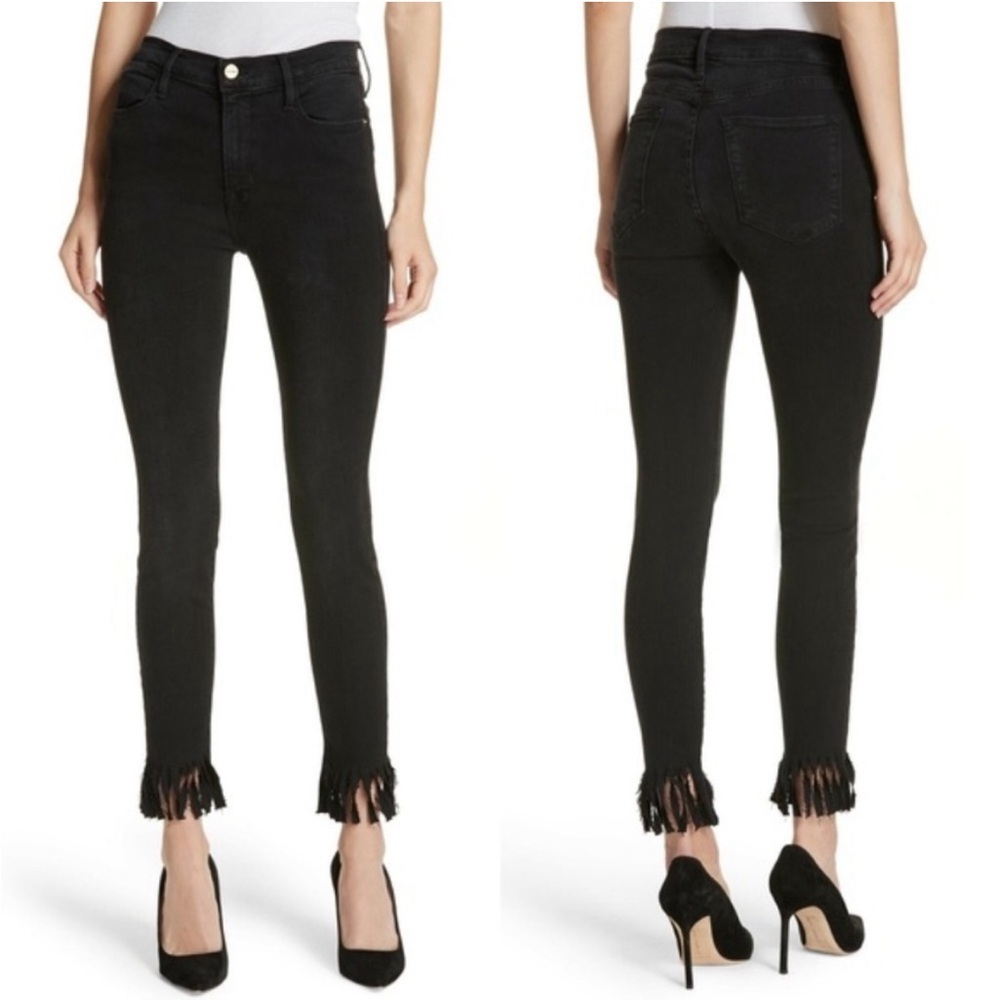 FRAME High Skinny Fringe-Hem Ankle Jeans black 25